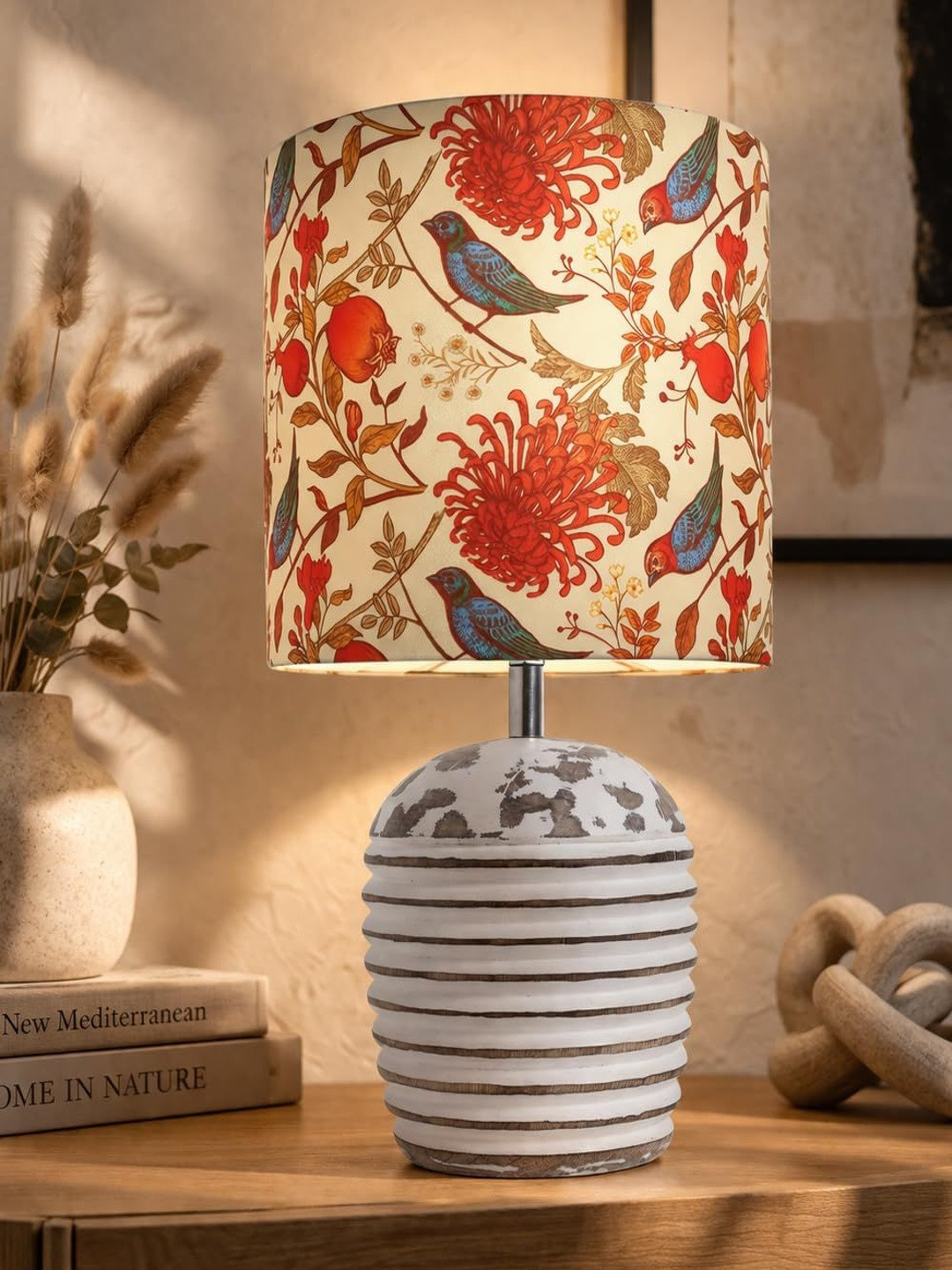 Homesake Contemporary With Shade Warm Yellow Wood Cylinder Printed Electrical Table Lamps