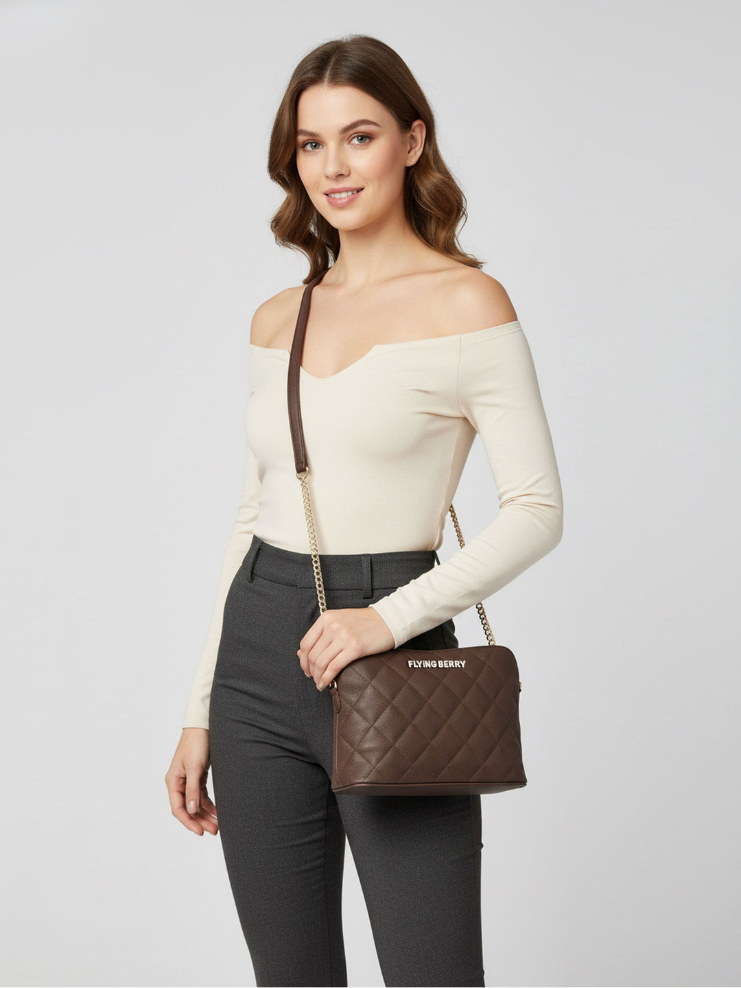 FLYING BERRY Brown Geometric Textured PU Structured Sling Bag with Quilted
