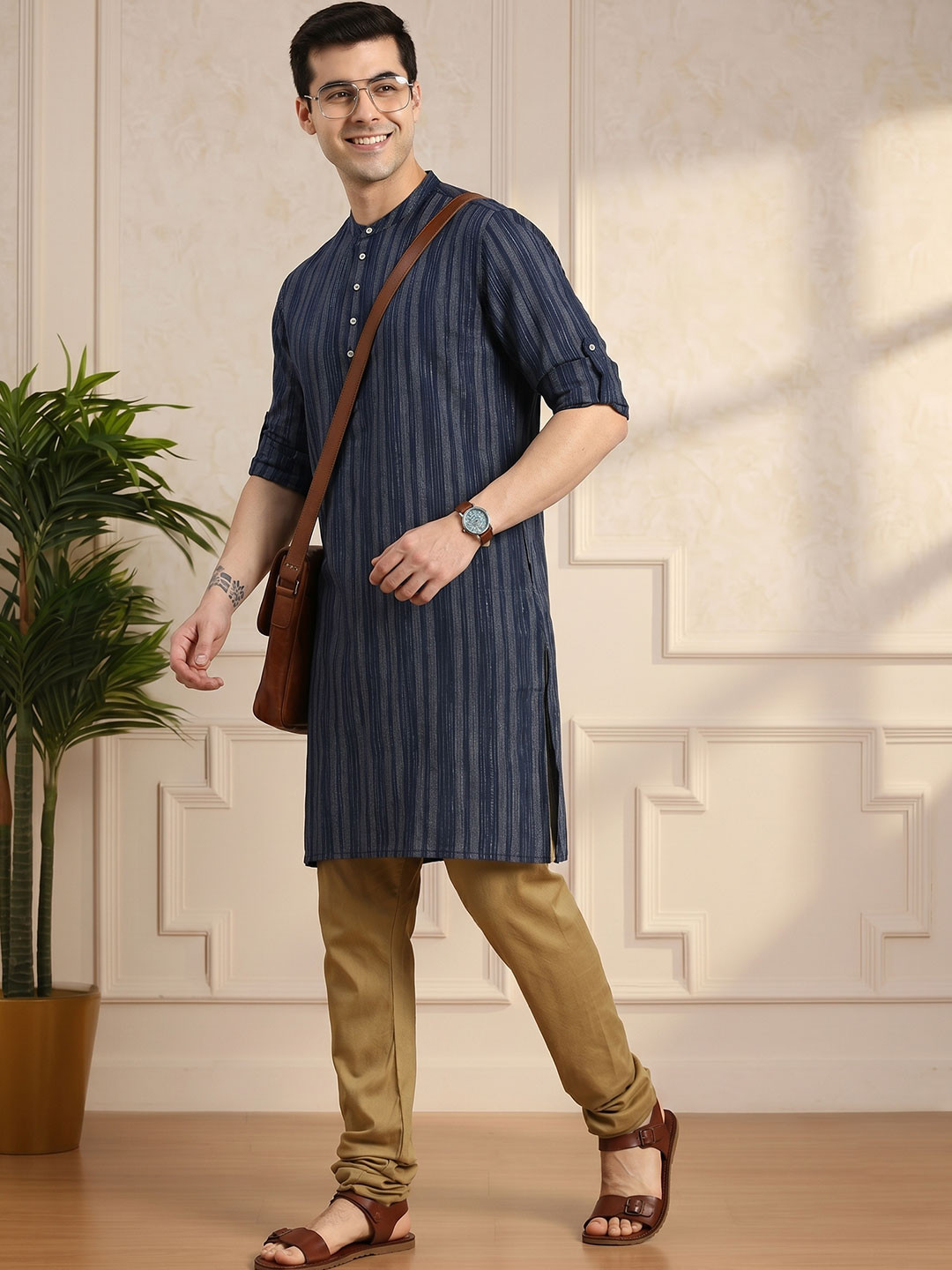 Anouk Men Navy Blue & Gold-Toned Striped Mandarin-Collar Indigo Kurta