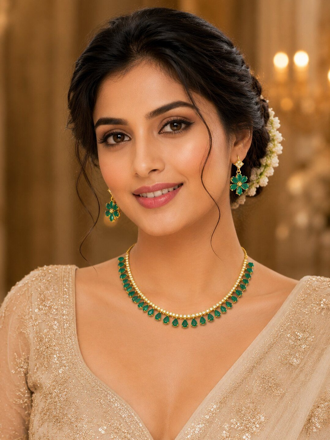 Jewar Mandi Gold-Plated & Green CZ Stone-Studded Jewellery Set