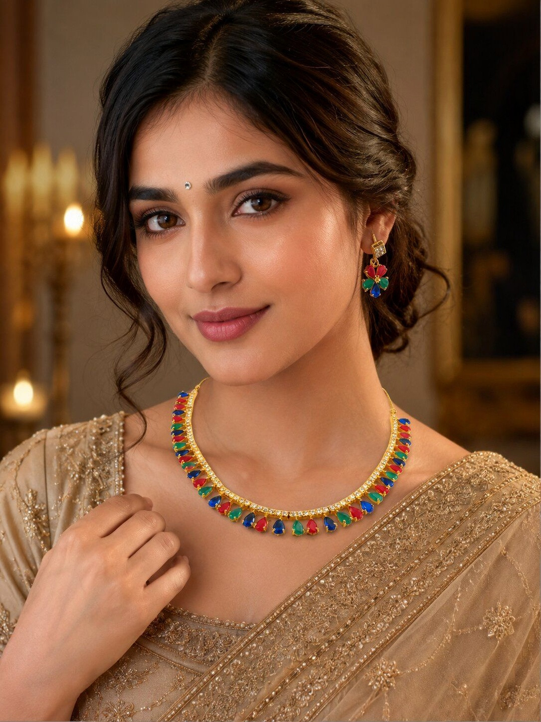 Jewar Mandi Gold-Toned & Green CZ Studded Jewellery Set