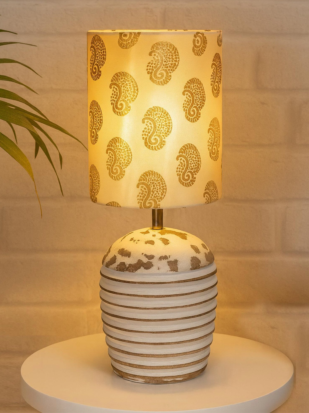 Homesake Contemporary With Shade Warm Yellow Wood Cylinder Printed Electrical Table Lamps