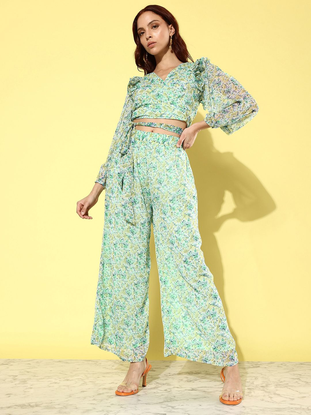 ANVI Be Yourself Green & White Printed V-Neck Ruffled Puff Sleeves Top With Palazzo