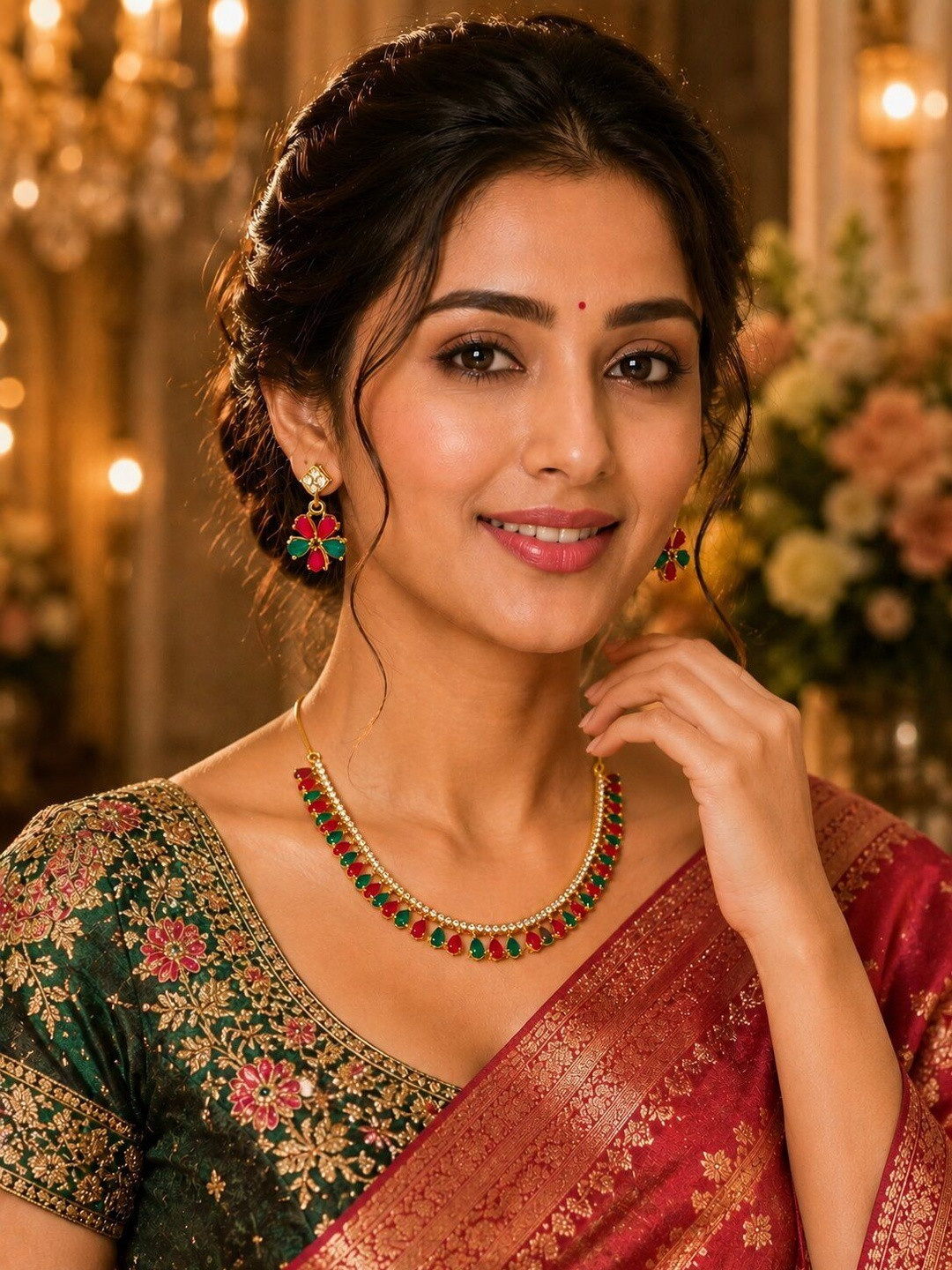 Jewar Mandi Gold-Toned & Green CZ Stone-Studded Jewellery Set