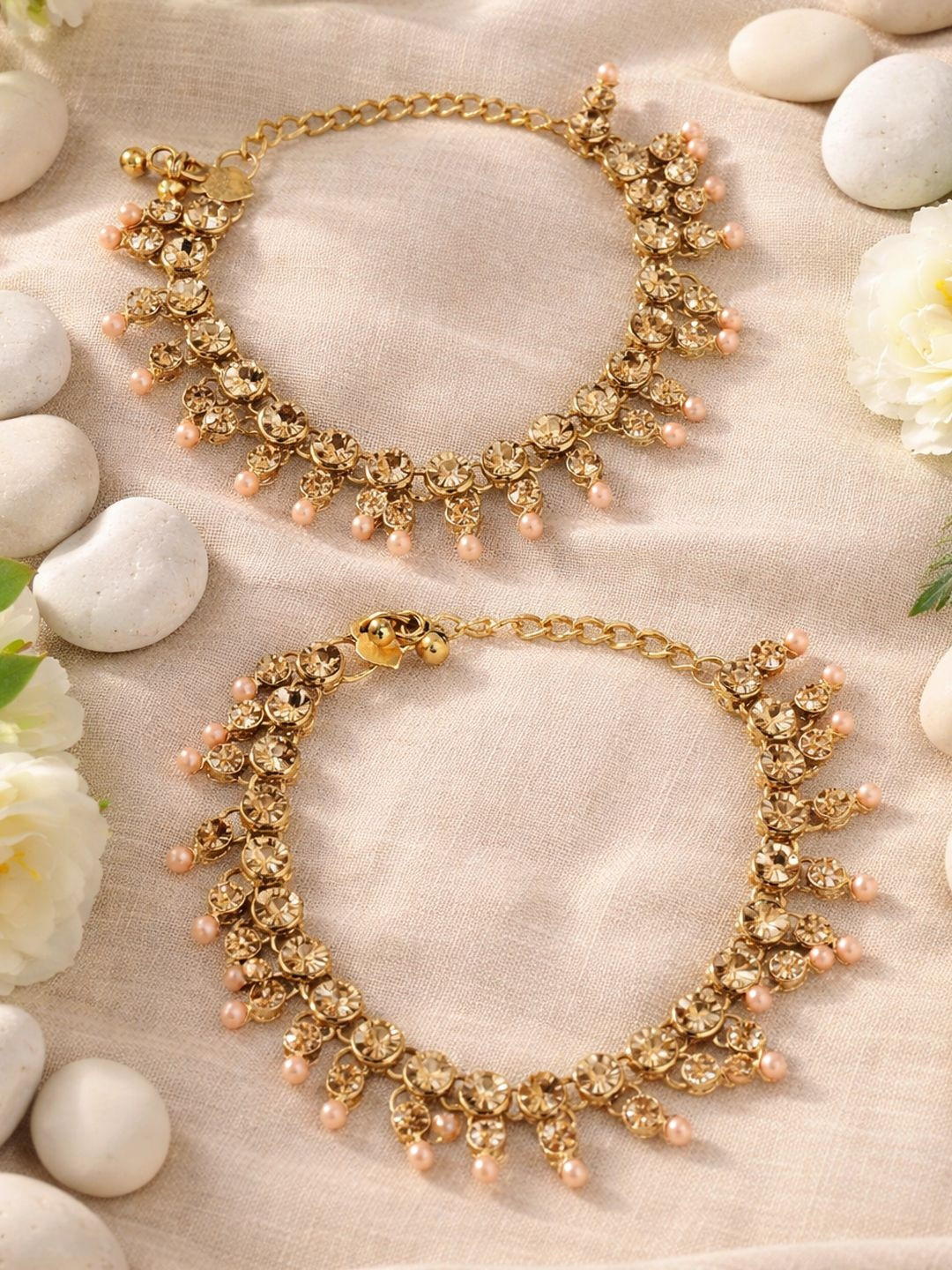 ANIKAS CREATION Set Of 2 Gold-Plated Kundan-Studded & Beaded Anklets