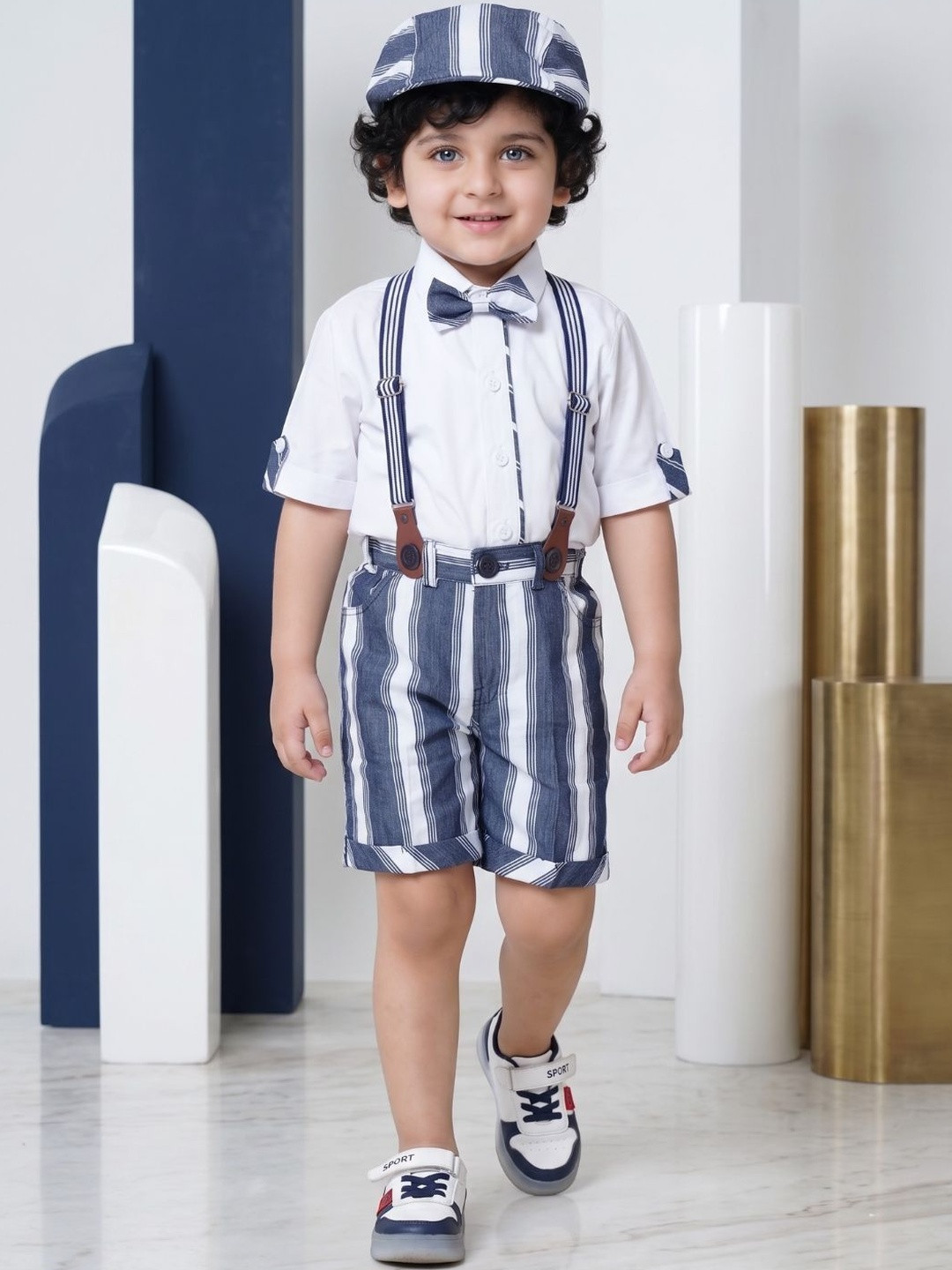 Aj DEZInES Boys Checked Shirt with Shorts Cap & Suspenders Clothing Set