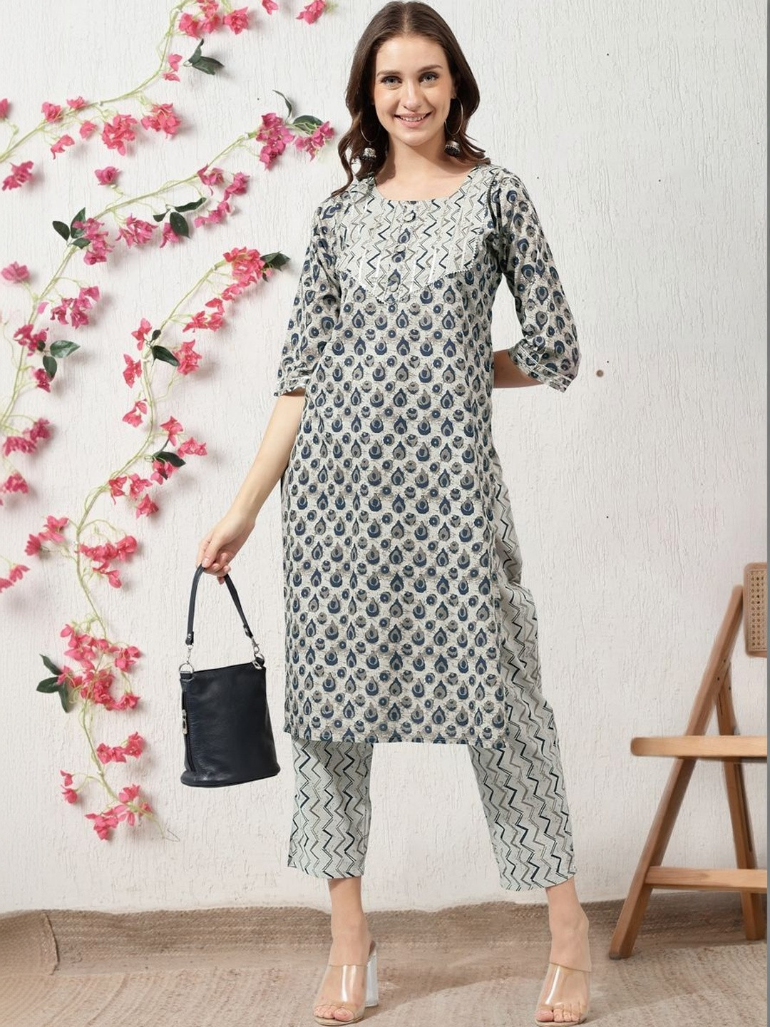 MIRCHI FASHION Beige Ethnic Motifs Printed Gotta Patti Pure Cotton Kurta with Trousers