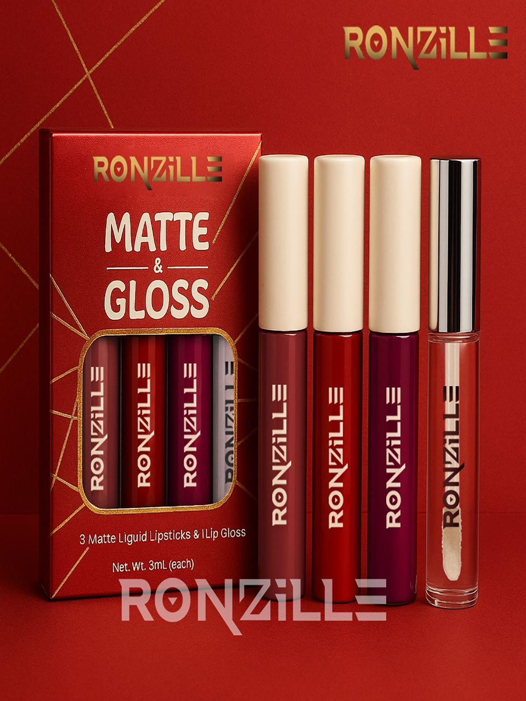 Ronzille Set of 4 Non Transfer Liquid Matte Lipstick with Lip Gloss 5 ml each - Red