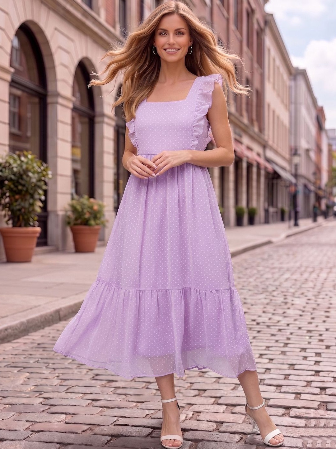 aayu Square Neck Georgette Fit And Flare Midi Dress