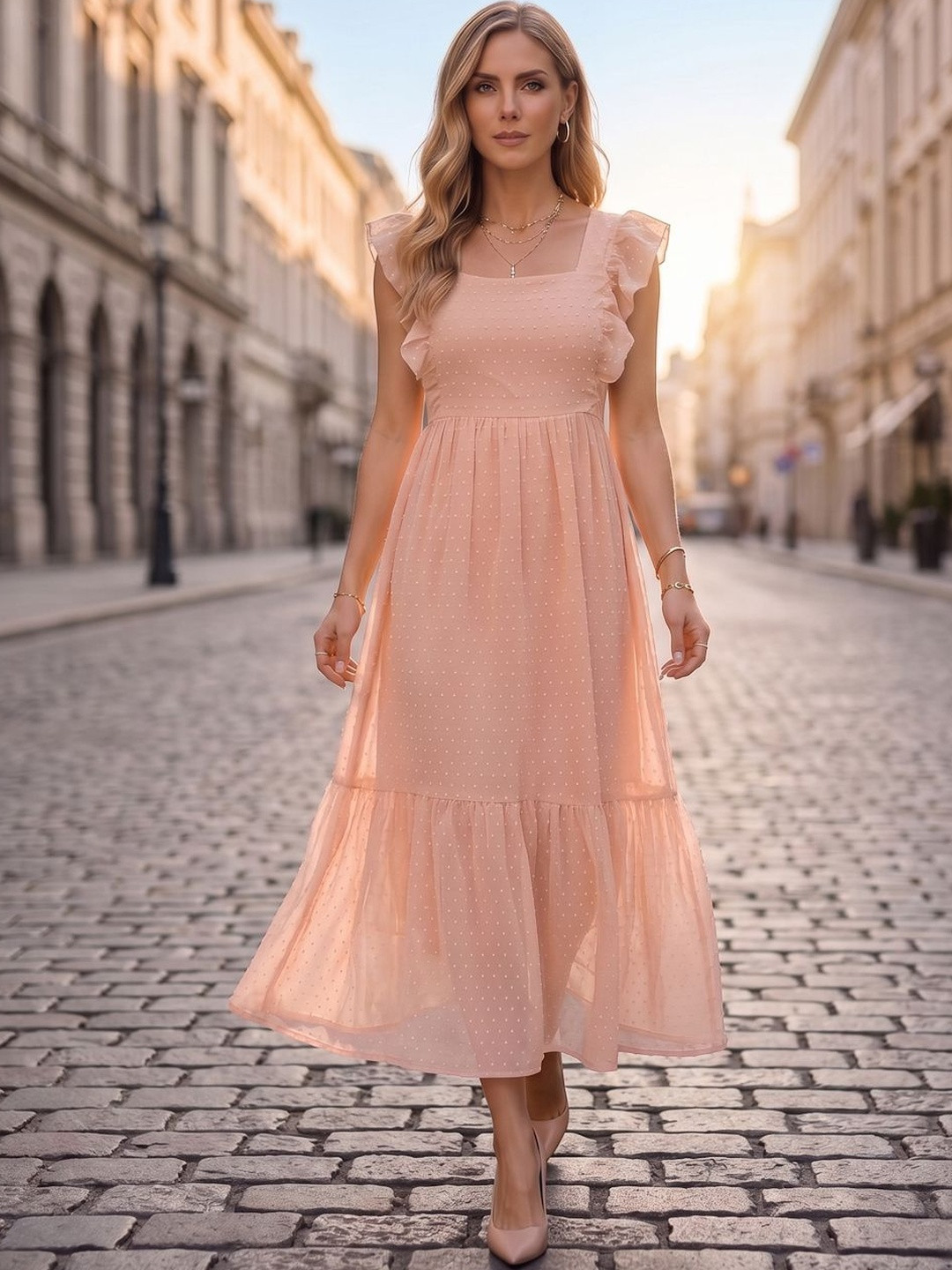 aayu Square Neck Georgette Fit And Flare Midi Dress