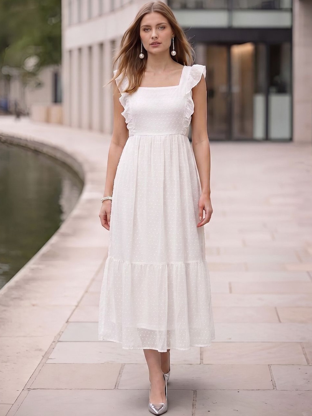 aayu Self Design Ruffles Detail Flounce Georgette Midi Fit & Flare Dress
