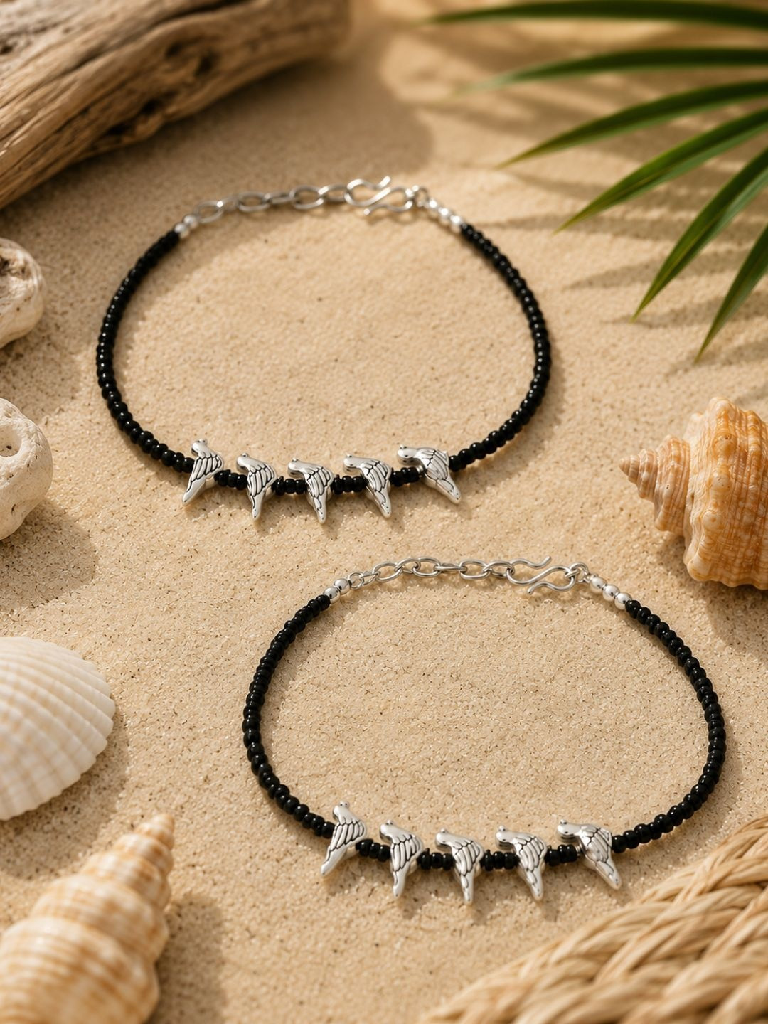VIRAASI Set of 2 Black & Silver-Toned Oxidised Beaded Anklets