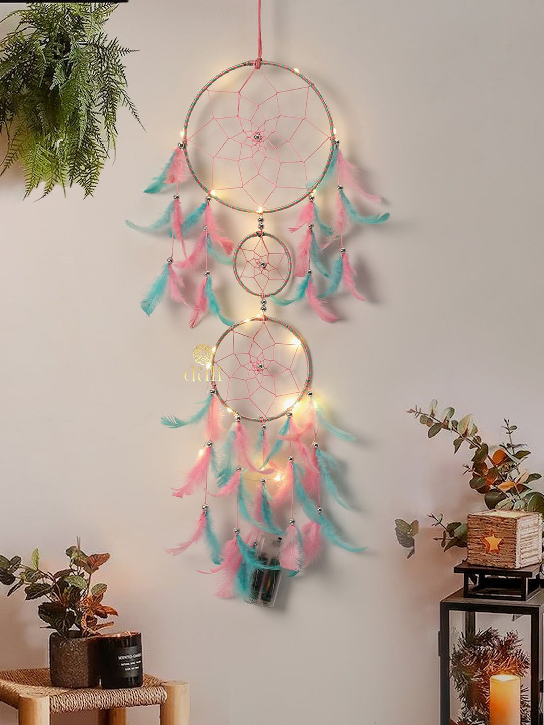 DULI Blue & Pink Dream Catcher With Lights & Feather