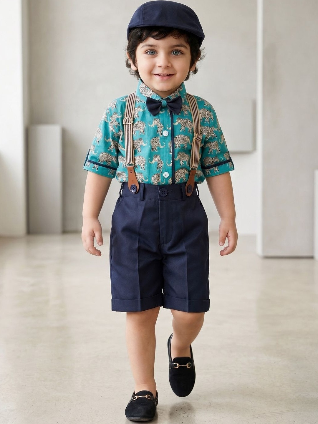 Aj DEZInES Boys Printed Cotton Shirt Bow Shorts With Cap Suspenders Clothing Set