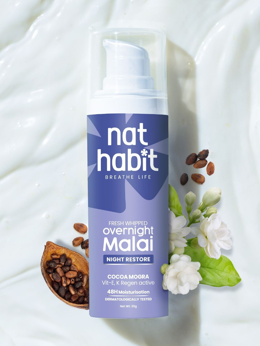 Nat Habit Ayurvedic Coco Mogra Night Face Malai Cream with Vitamin E for Anti-Aging - 30g
