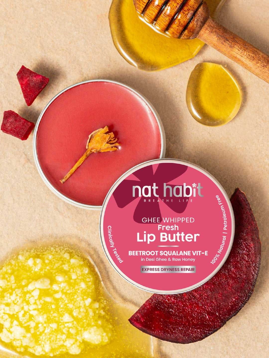 Nat Habit Beetroot Lip Butter with Desi Ghee & Honey for Natural Pink Lips - 8g