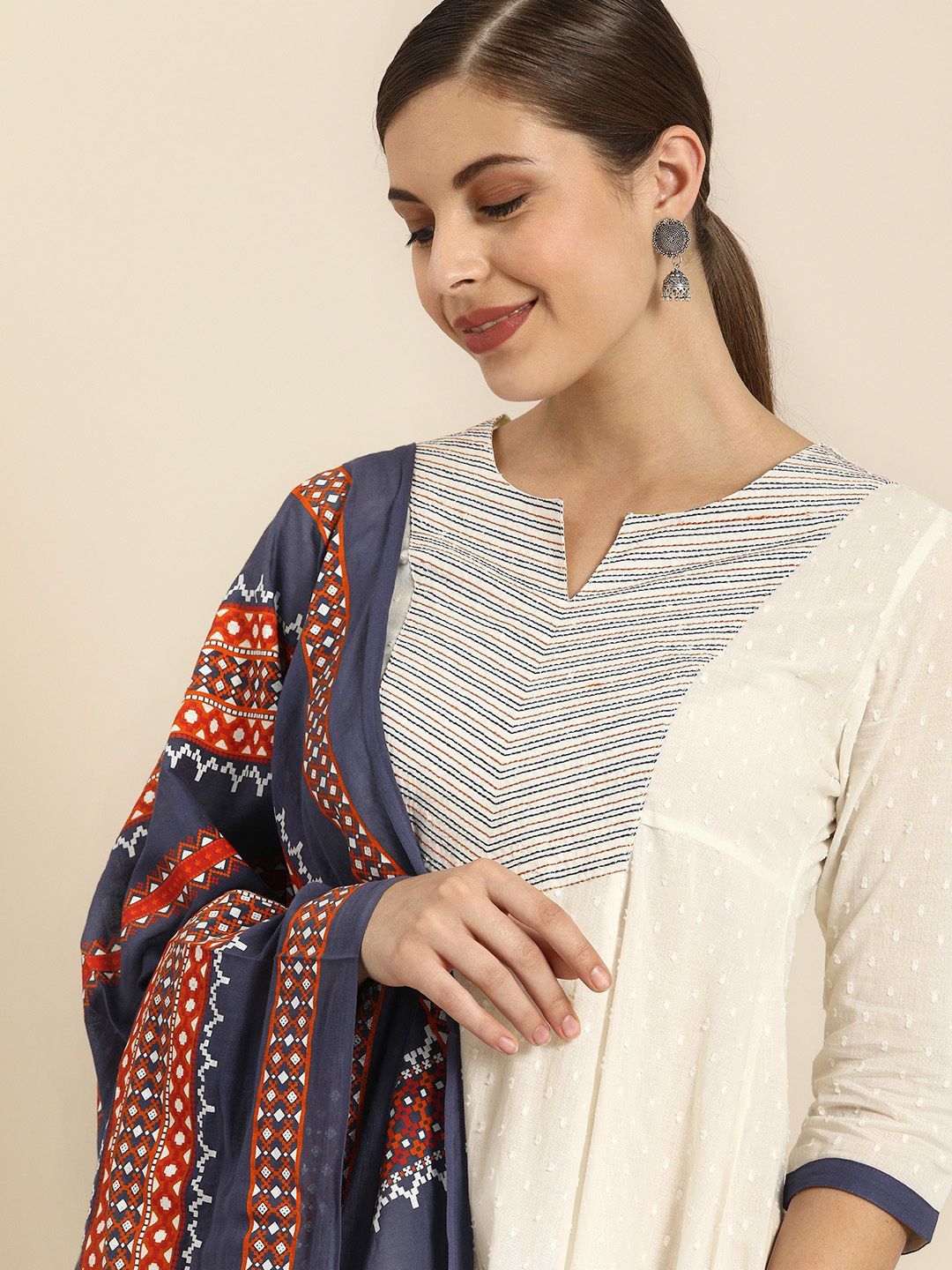 Anouk Women White Woven Design Kurta with Trousers & Dupatta