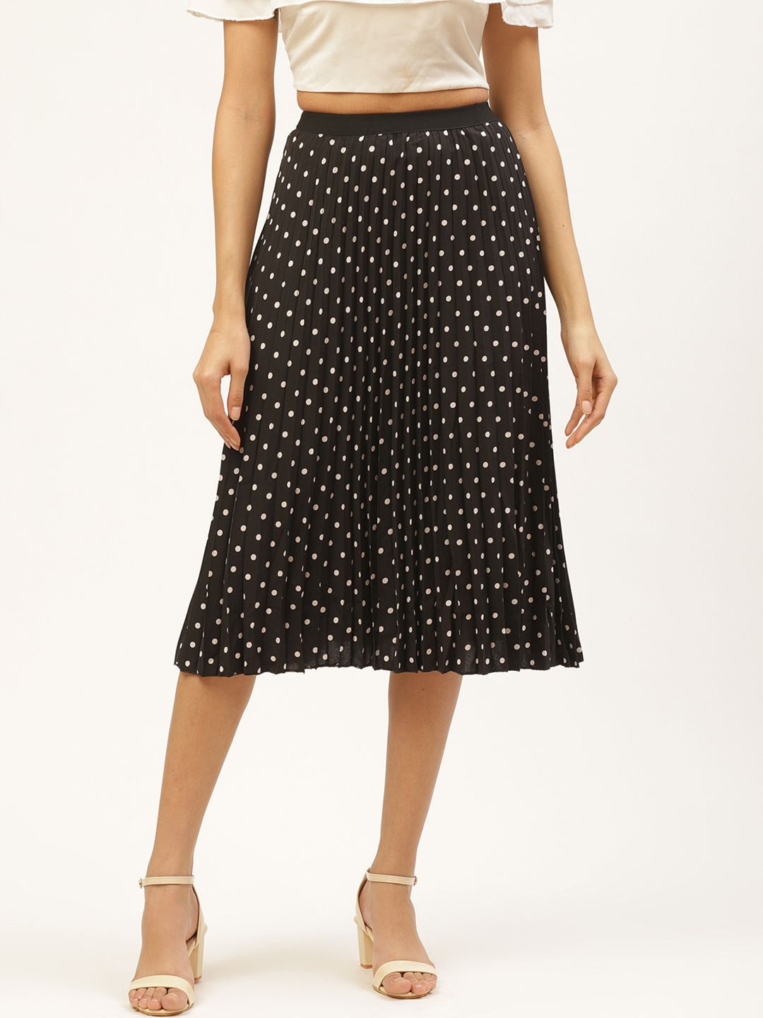 ANVI Be Yourself Women Black & White Accordion Pleated Polka Dots Print A-Line Skirt