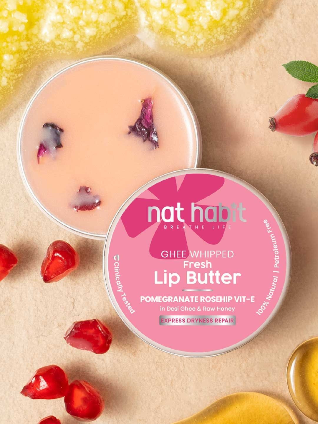 Nat Habit Pomegranate Rose Lip Balm - Desi Ghee & Honey for Pigmentation & Chapped Lip-8g