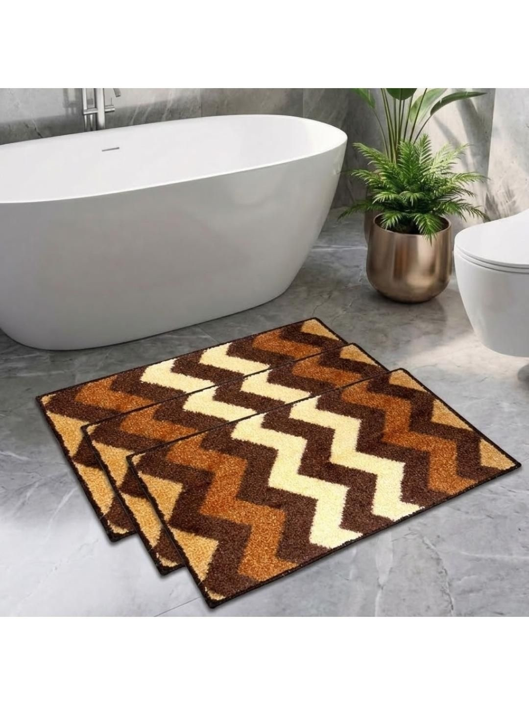 Athom Trendz Brown Set of 3 Printed Anti Slip Bathmats 58x38cm