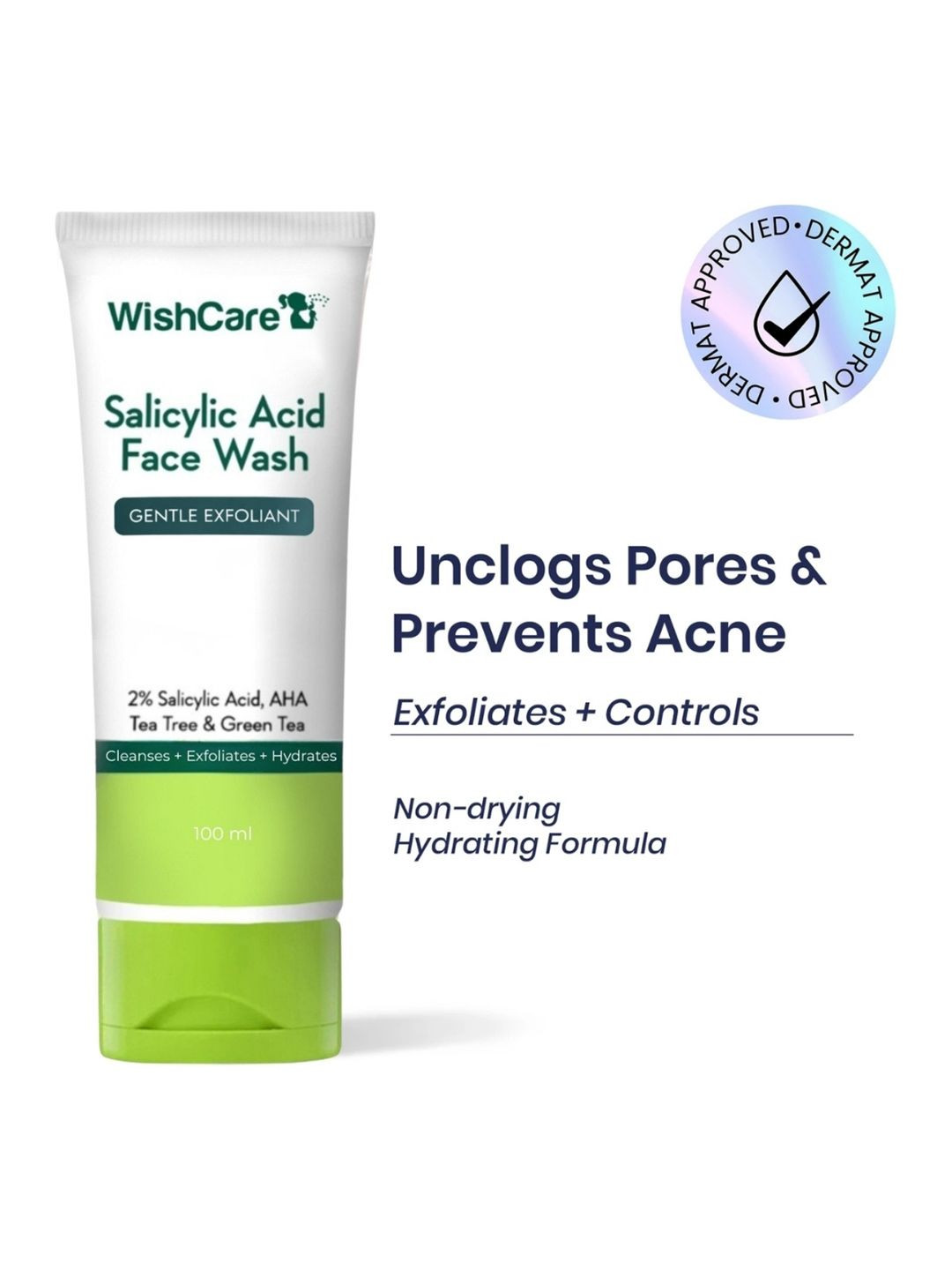 WishCare 2% Salicylic Acid Face Wash with AHA & Green Tea for Acne & Oily Skin - 100ml