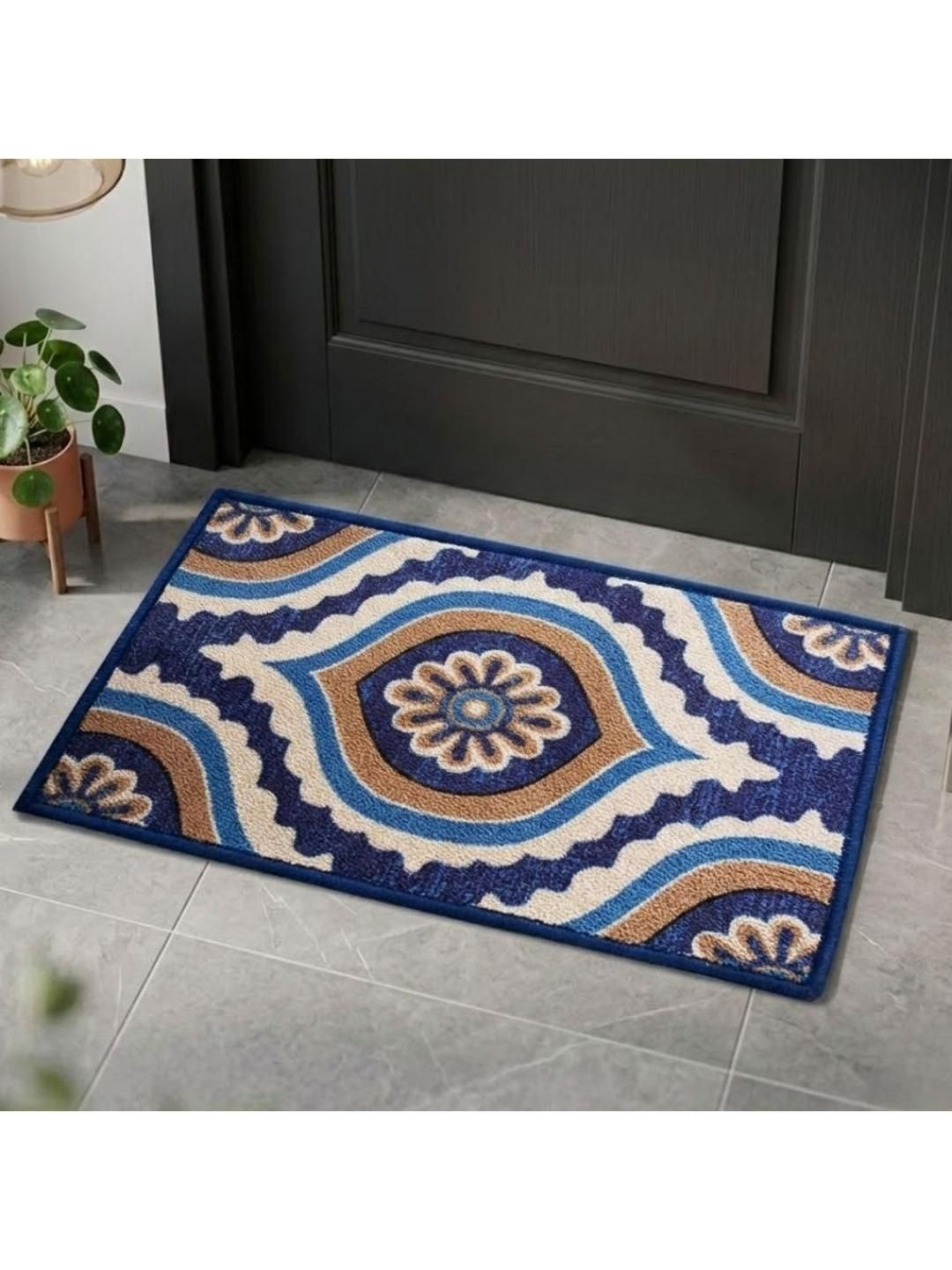 Athom Trendz Blue & White Floral Printed Anti-Slip Doormat 37 x 57 cm