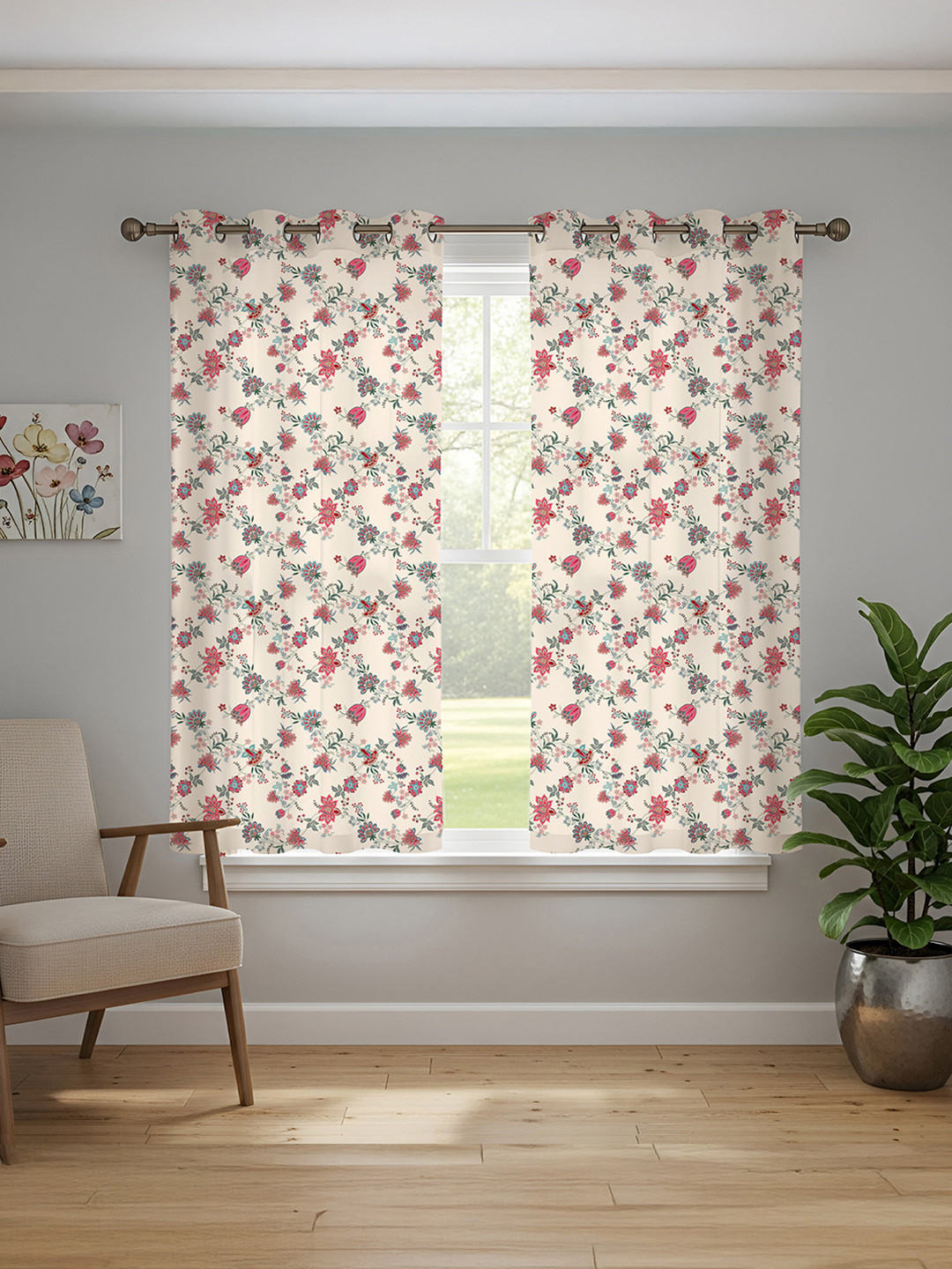 URBAN SPACE White & Blue 2-Pieces Floral Cotton Window Curtains