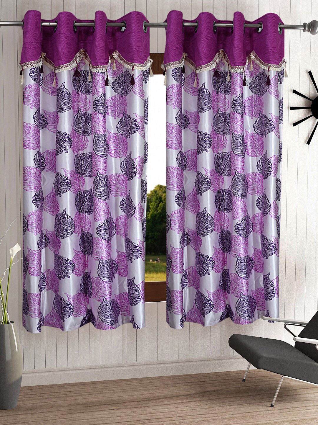 Cortina Set of 2 Purple & White Floral Print Window Curtain