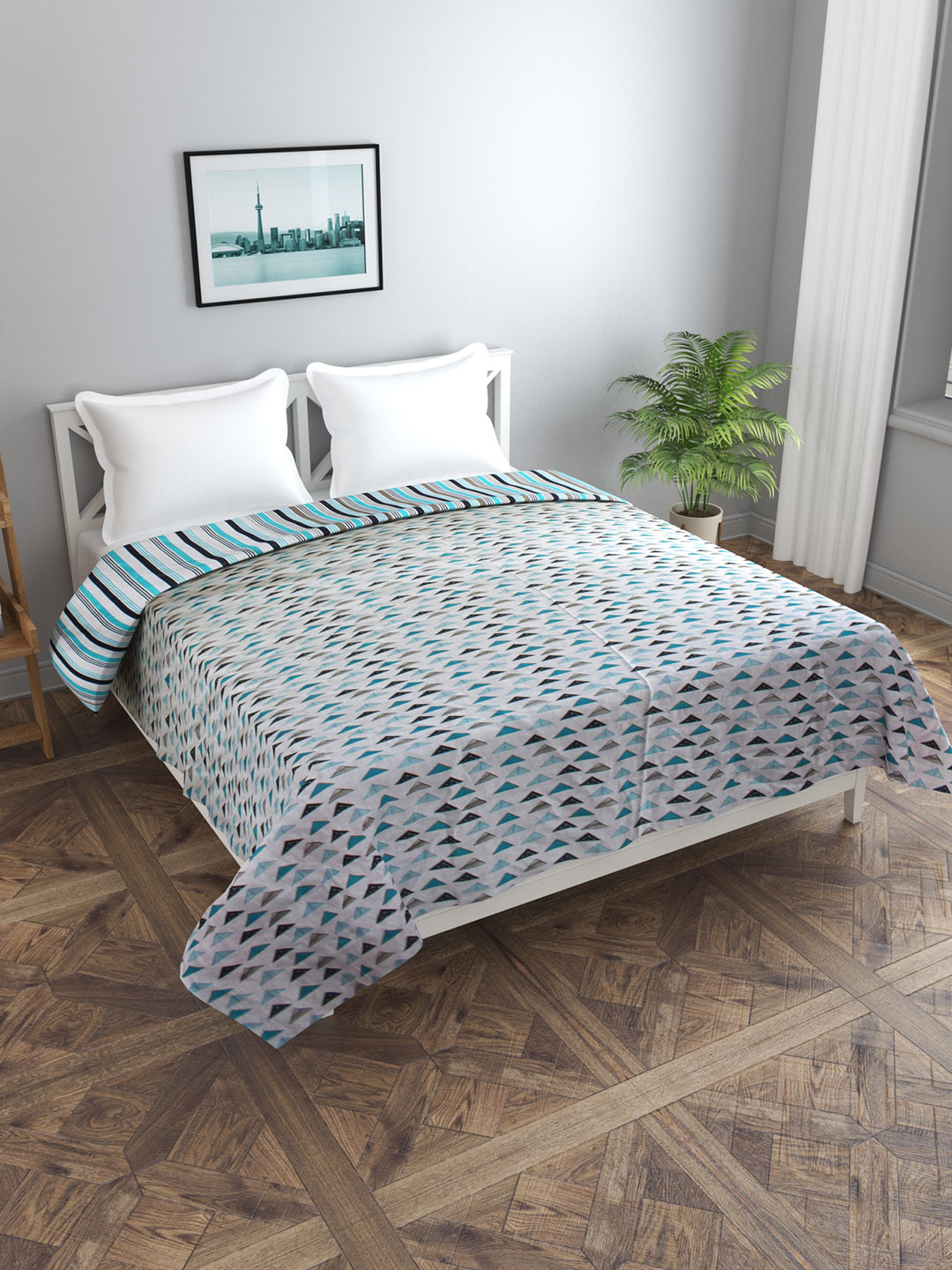 Trance home Linen Blue Black Triangles 210 GSM Pure Cotton Reversible Double Bed Size Dohar