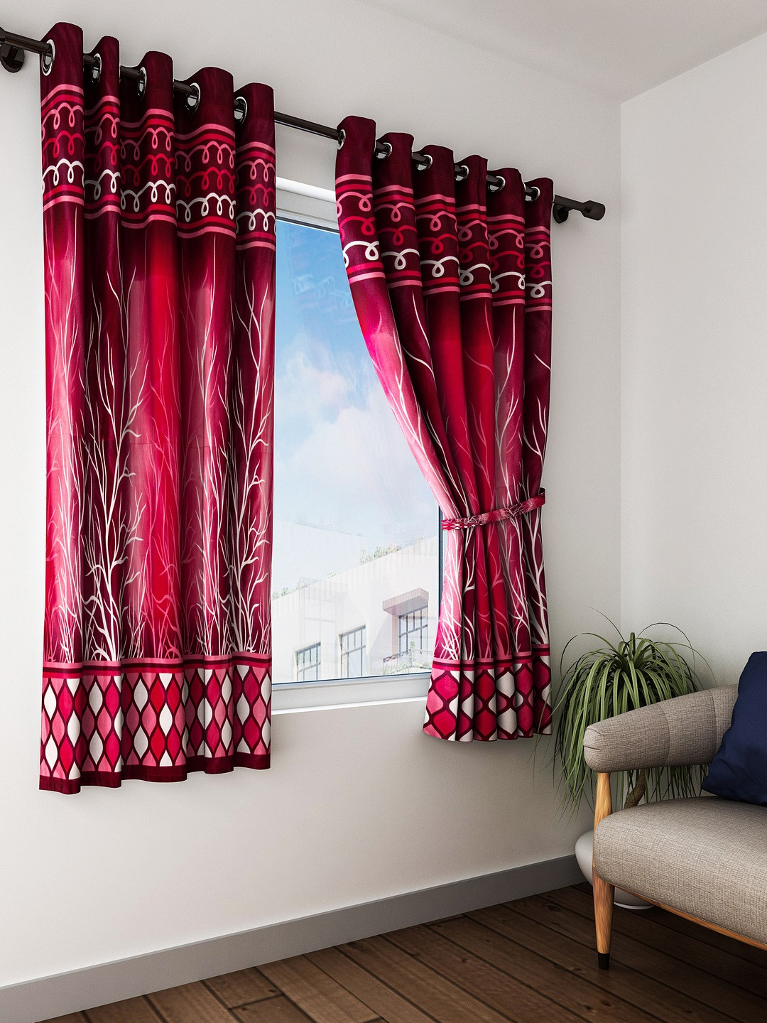 Home Sizzler Maroon & Red Set of 2 Window Curtains