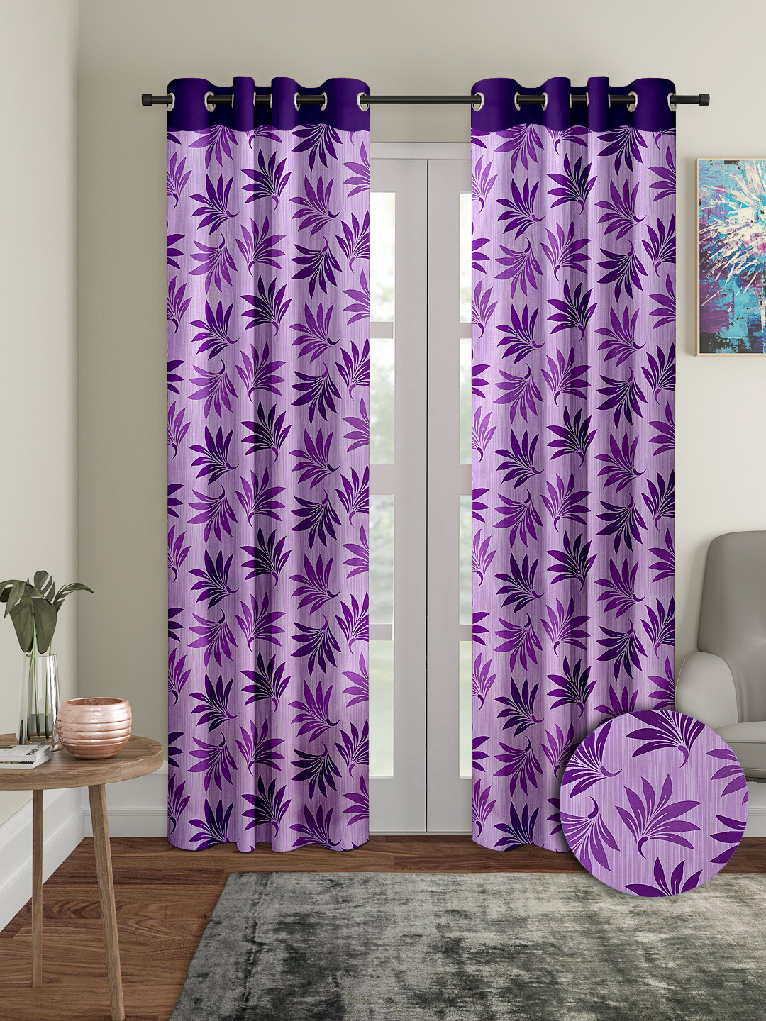 Cortina Purple 2 Pieces Leaf Printed Door Curtains