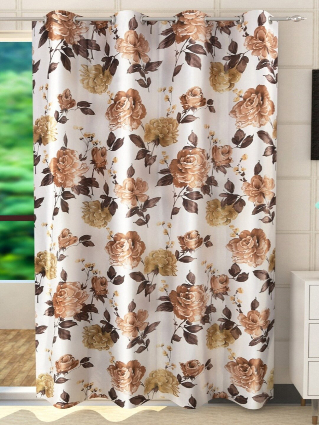 Homefab India Brown & White Set of 2 Floral Room Darkening Door Curtain