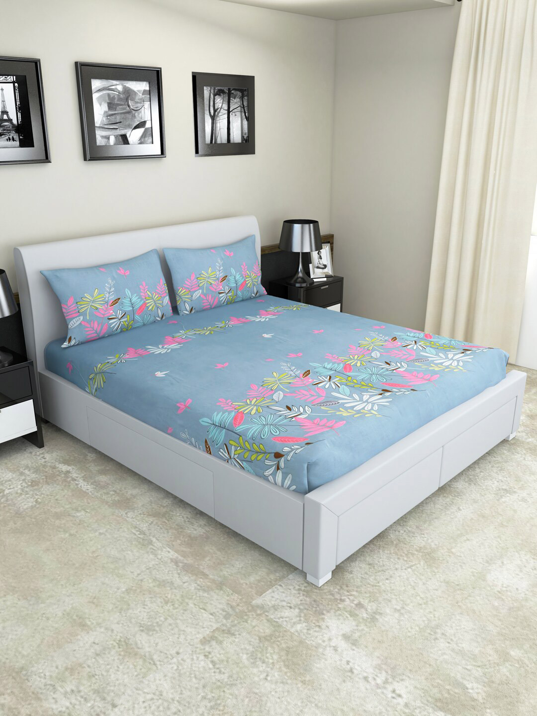 Nendle Grey Melange Floral Cotton 210 TC Fitted Queen Fine Bedsheet with 2 Pillow Covers-78 x 60 inches