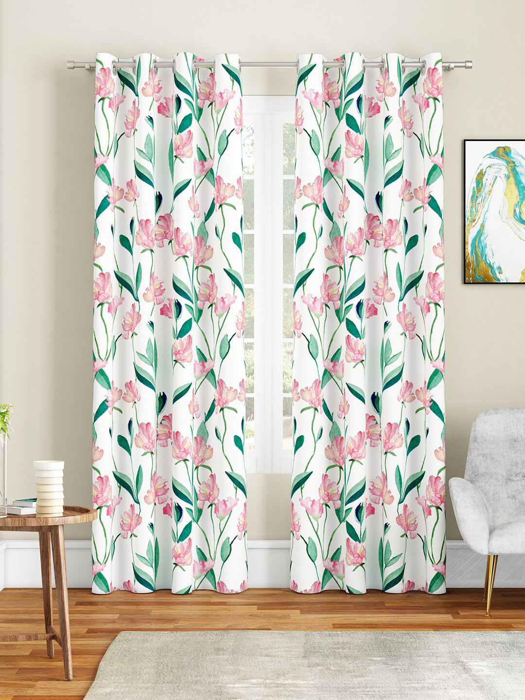 SEJ by Nisha Gupta White & Green Set of 2 Floral Long Door Curtain