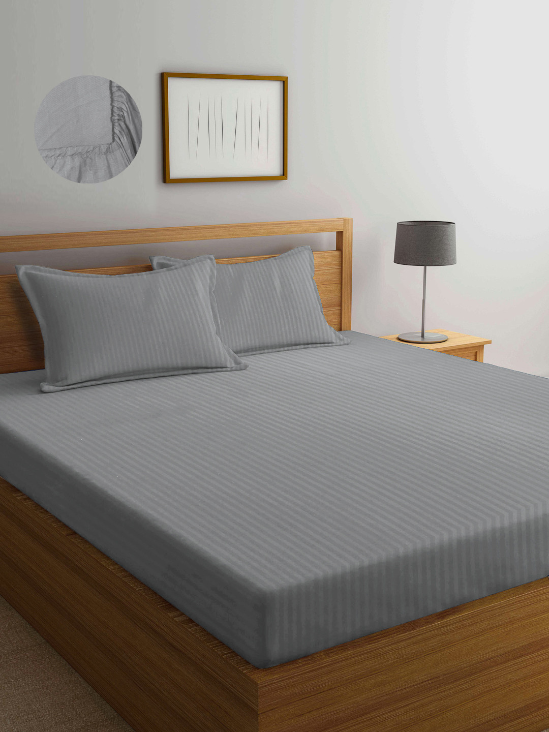 Arrabi Grey Striped Polycotton 300 TC Fitted King Fine Bedsheet with 2 Pillow Covers-87 x 98 inches