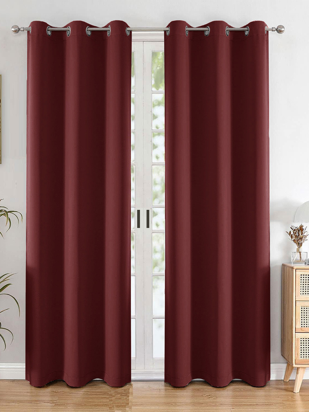 HOMEMONDE Maroon 2 Pieces Black Out Door Curtains