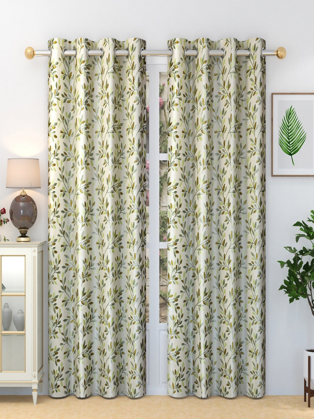 Homefab India Fern Green & Brown 2 Pcs Floral Printed Door Curtains