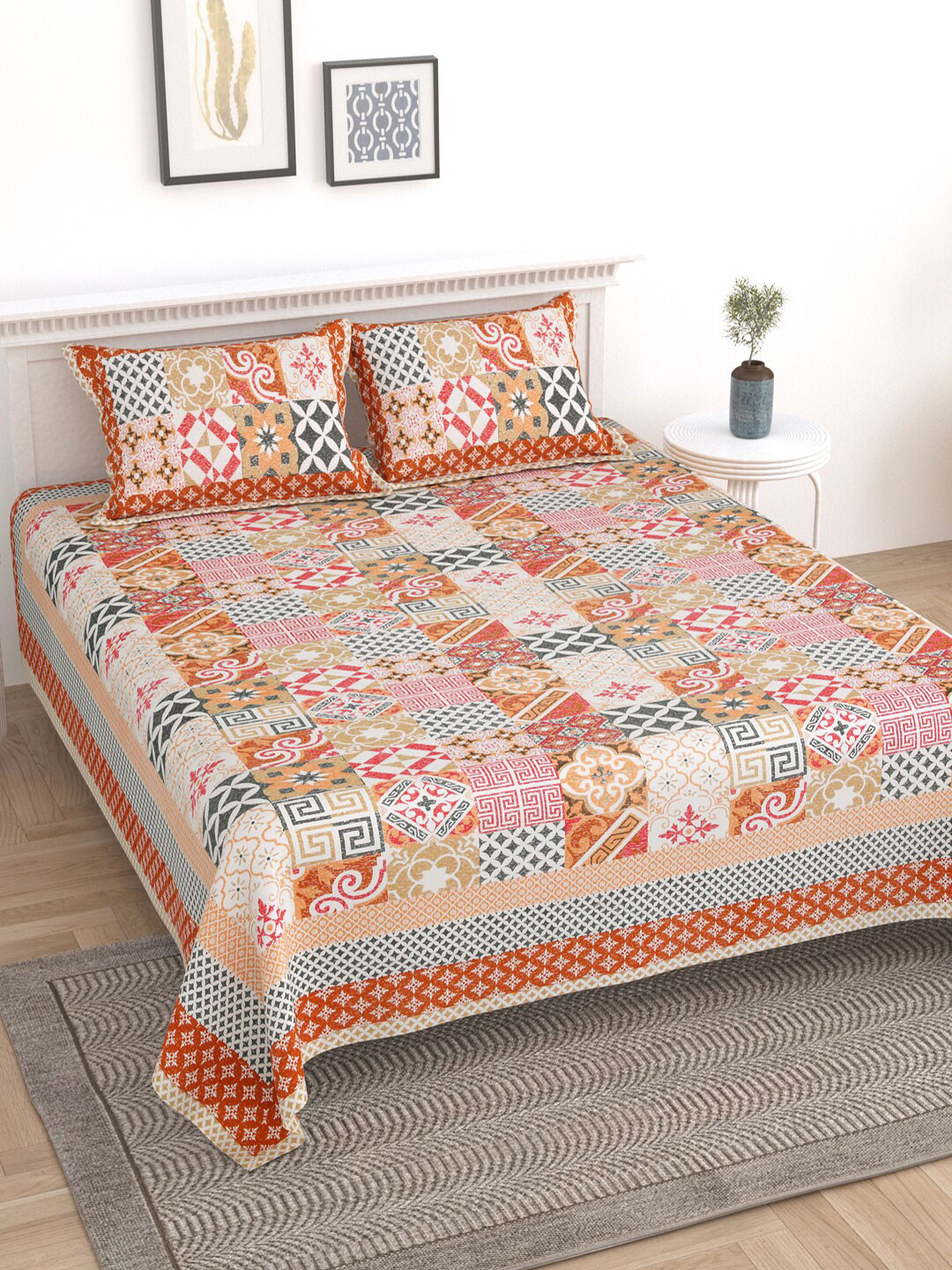 Sangria Orange Ethnic Motifs Cotton 210 TC King Fine Bedsheet with 2 Pillow Covers-274 x 228 cm