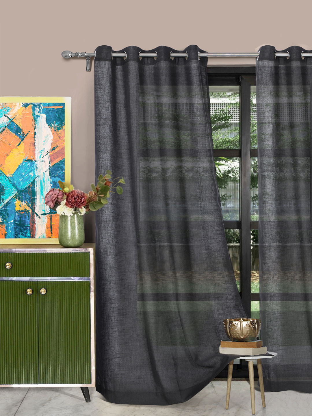 ROSARA HOME Dark Grey Set of 2 Solid Sheer Door Curtains