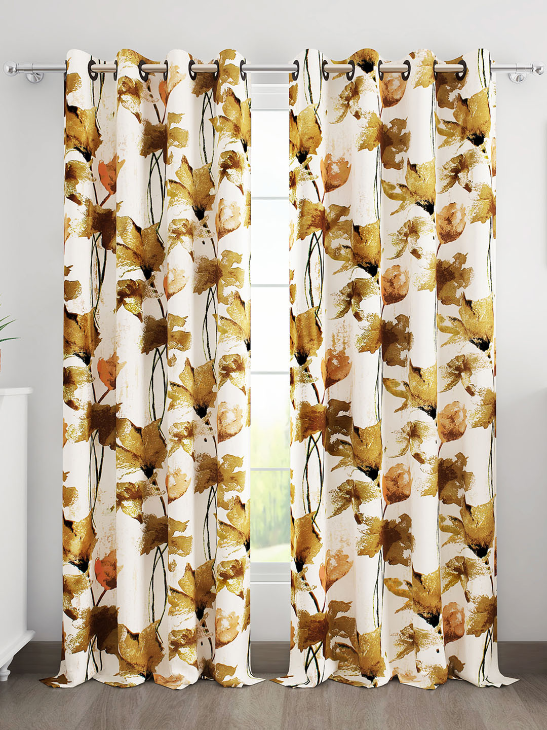 Story@home Off White & Brown 2-Pieces Floral Door Curtains