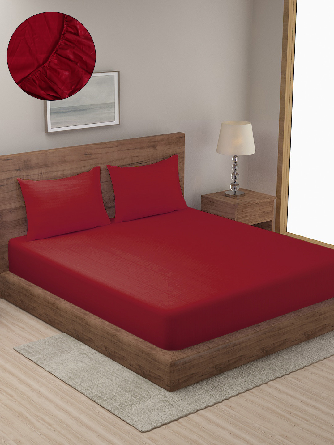 HOSTA HOMES Maroon Cotton 250 TC Fitted King Fine Bedsheet with 2 Pillow Covers-87 x 106 inches