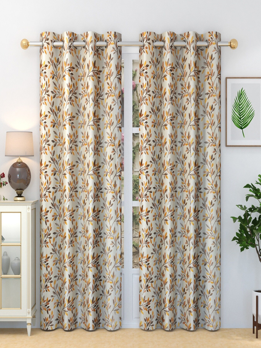 Homefab India Fern Cream-Coloured & Brown 2 Pieces Floral Door Curtains