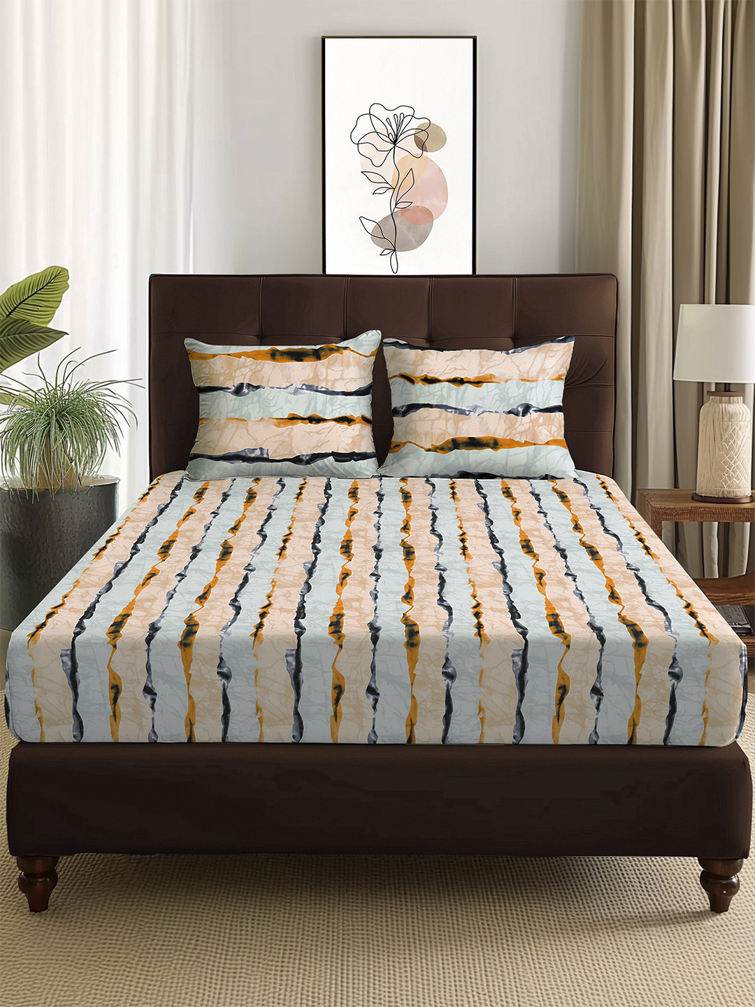 Story@home Cream Polycotton 160 TC Queen Bedsheet with 2 Pillow Covers-89x98In