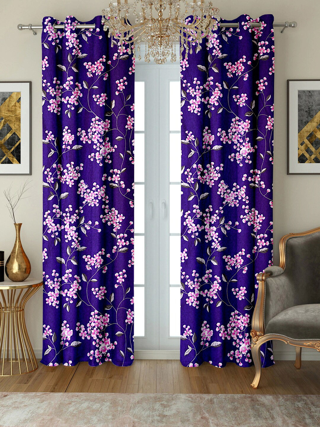 Cortina Purple & Pink Set of 2 Floral Printed Long Door Curtain