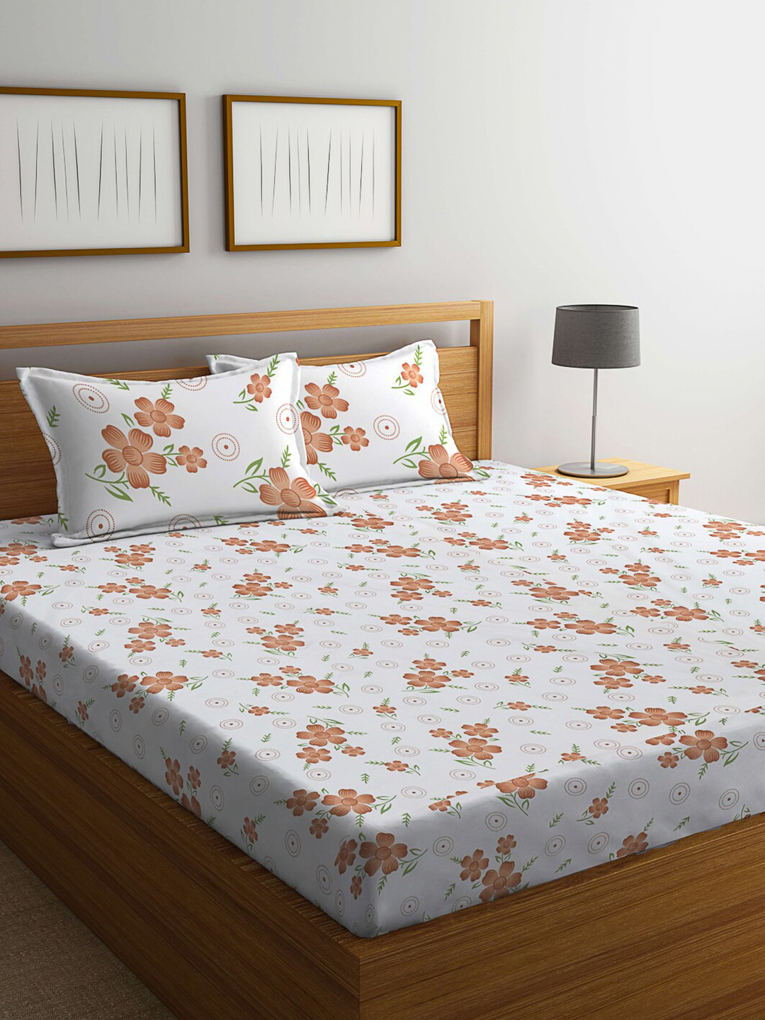 KLOTTHE Cultural Mosaic White Floral Cotton 300 TC Fitted King Superfine Bedsheet with 2 Pillow Covers-250 x 225 cm