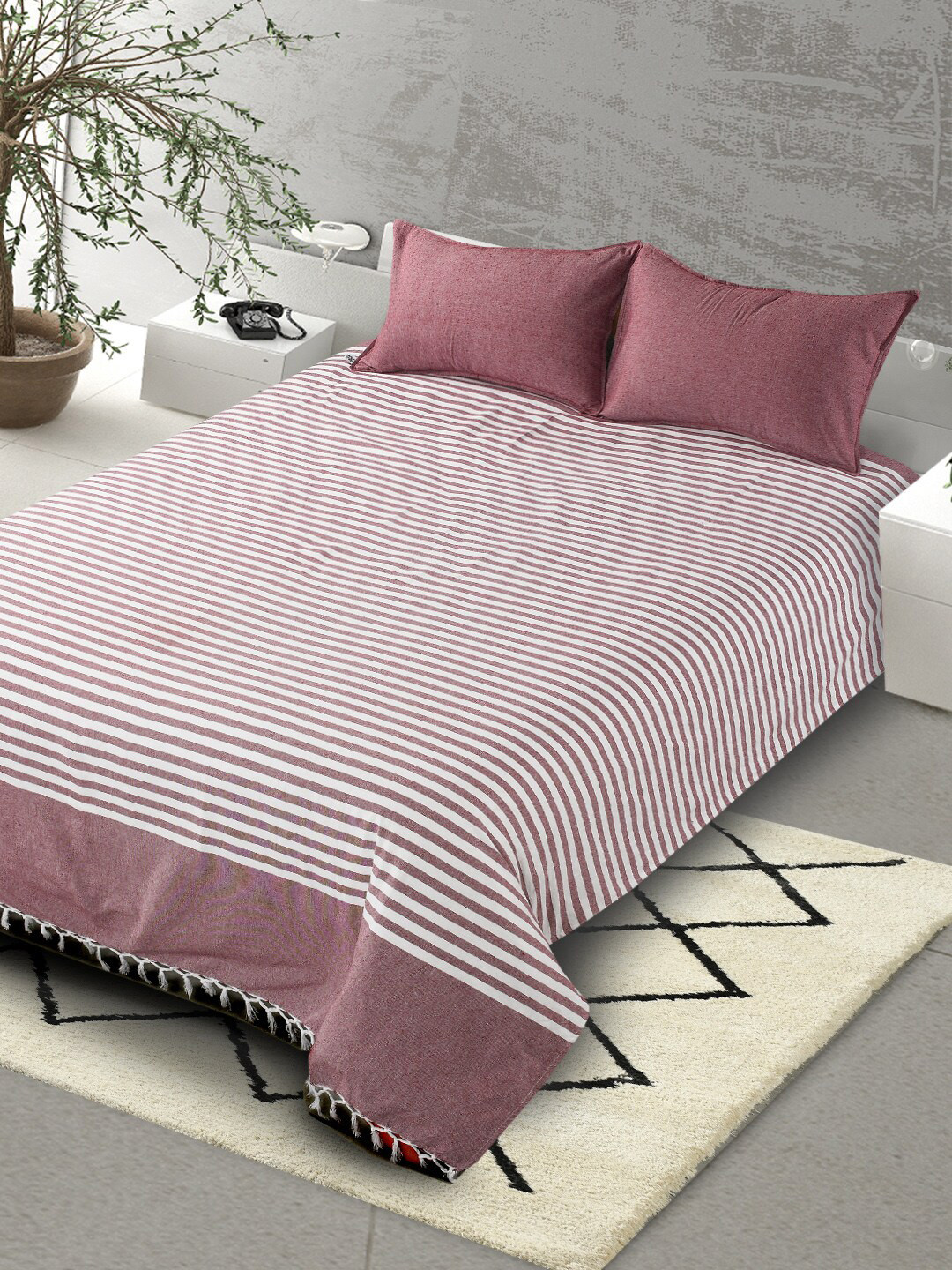 Saral Home Maroon Striped Cotton 160 TC King Bedsheet with 2 Pillow Covers-274 x 266 cm
