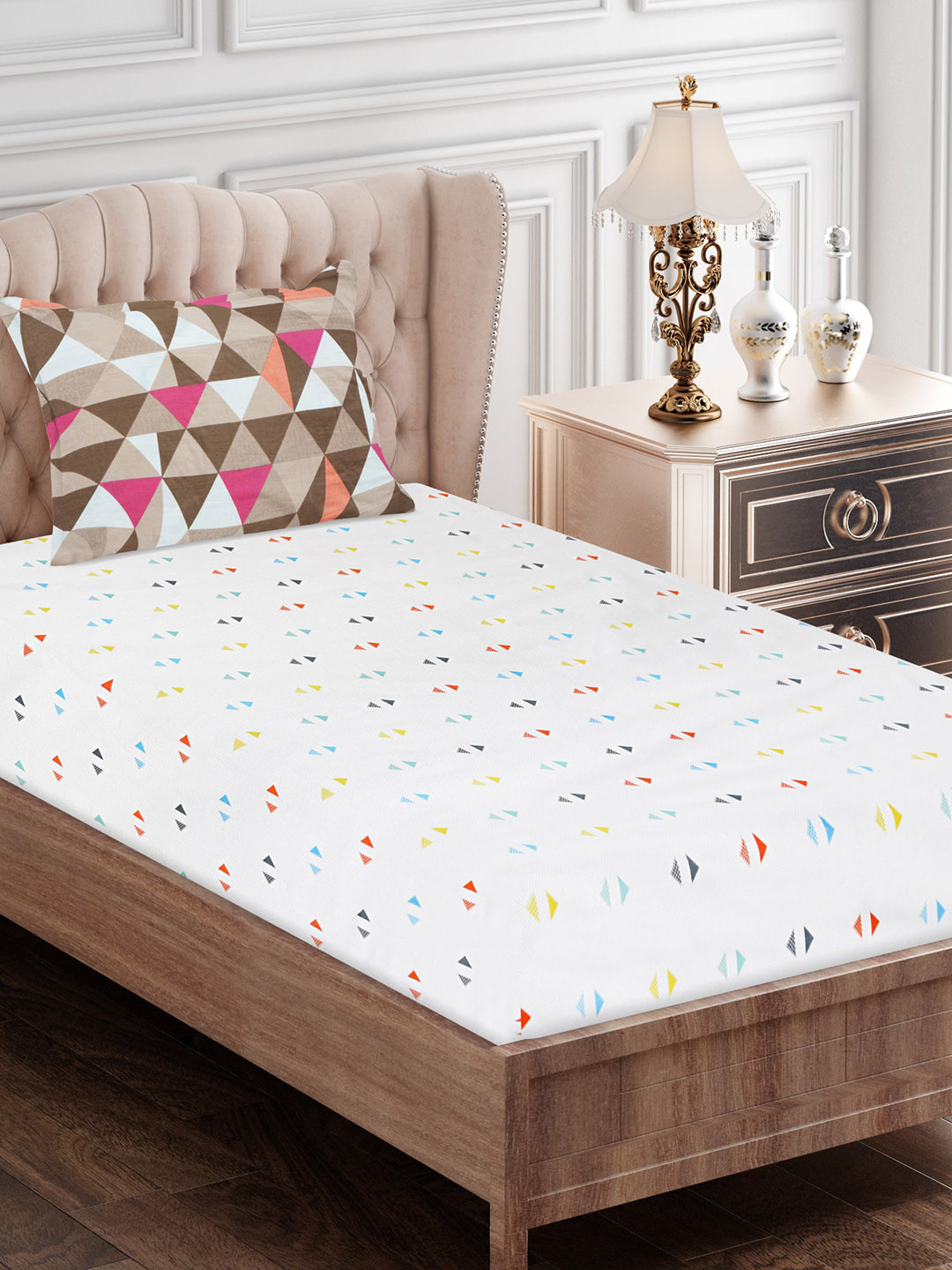SEJ by Nisha Gupta White Geometric Cotton 180 TC Single Fine Bedsheet with a Pillow Cover-56 x 87 inches
