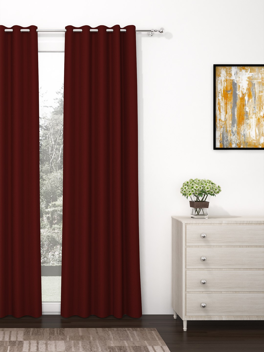 Story@Home Faux Silk Solid Solid 300GSM Maroon Room Darkening Blackout Long Door Curtain - Set Of 1