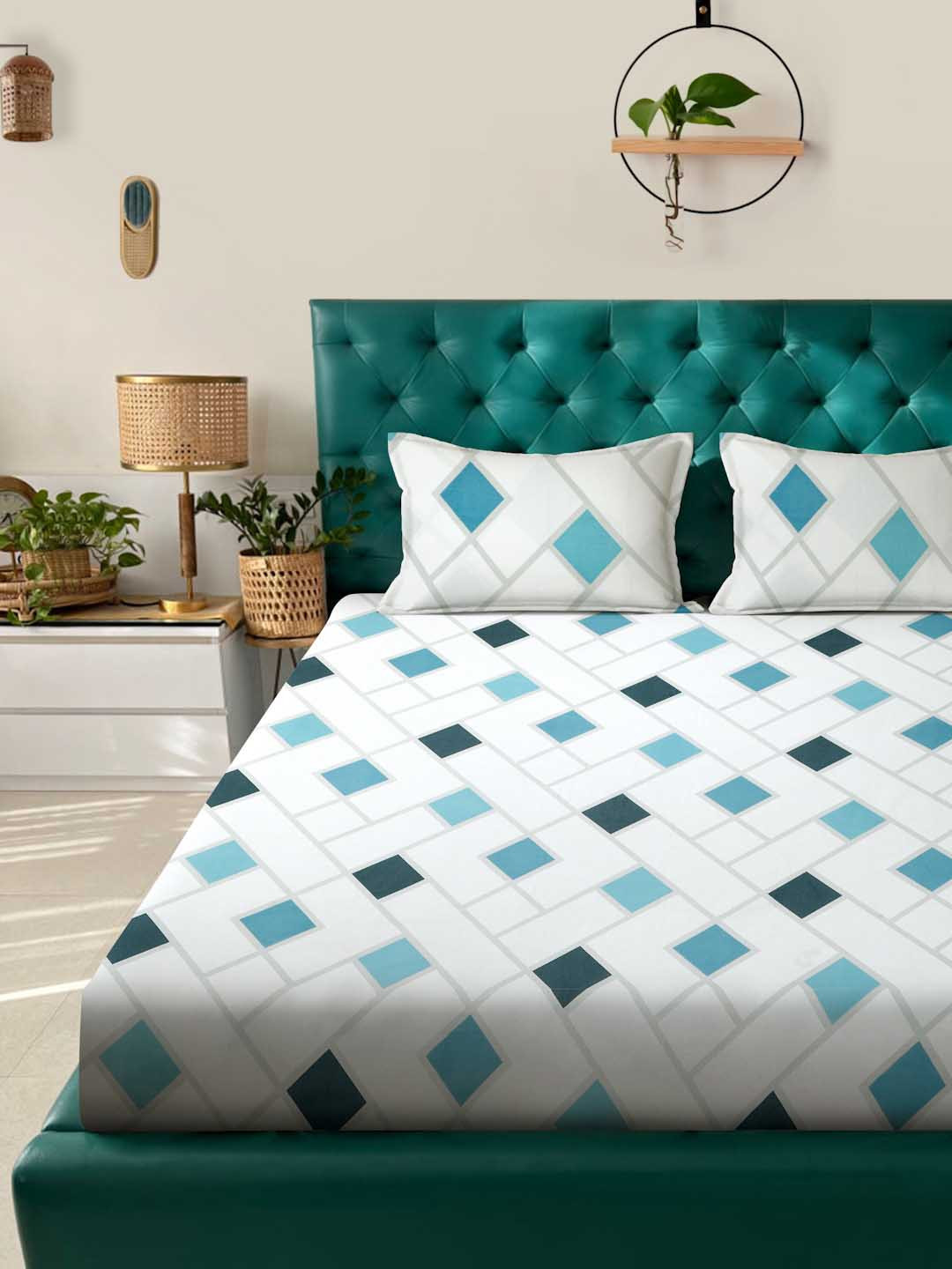 ROSARA HOME Ziva Blue Geometric Cotton 144 TC Fitted King Bedsheet with 2 Pillow Covers-274 x 274 cm