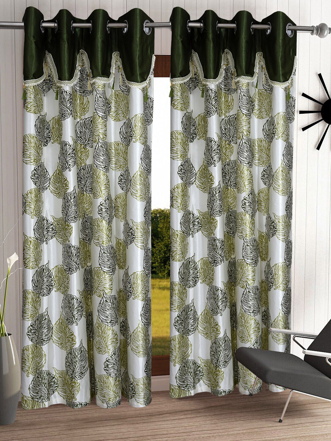 Cortina Olive Green & White Set of 2 Fancy Valance Leaf Printed Door Curtains